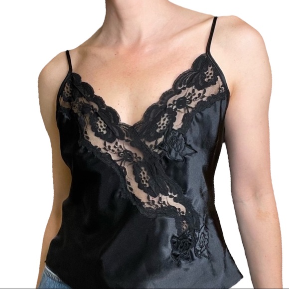 Victoria's Secret Tops - Victoria's Secret Gold Label black satin lace
camisole top blouse vintage 90s M